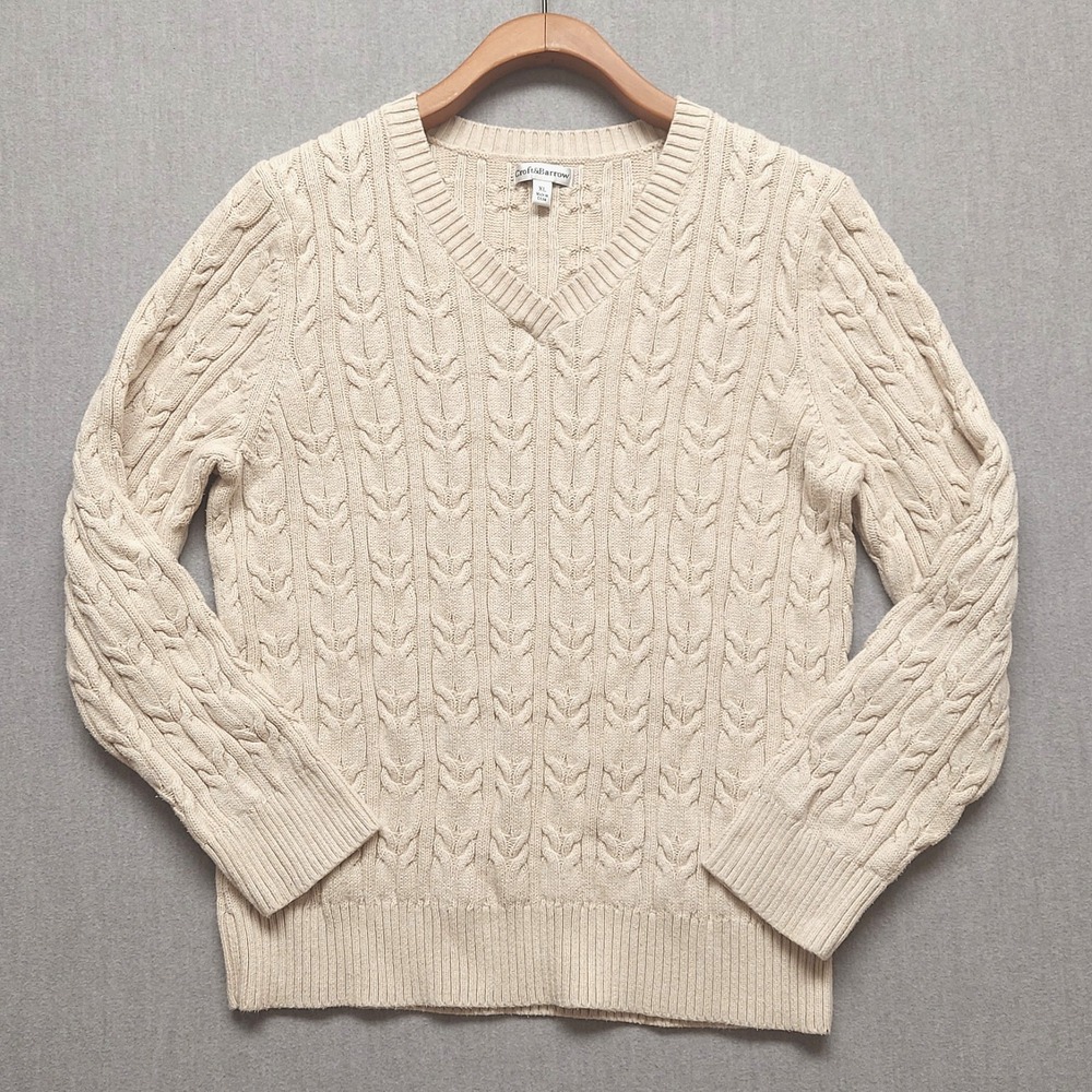 Croft &‎ Barrow Sweater Mens XL Cable Knit V Neck Cream Aran Pullover Runs Small